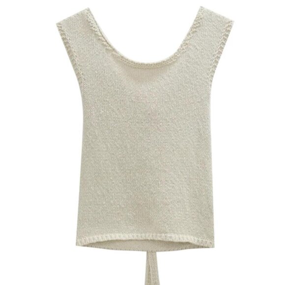 Beige Knitted Crop Top With Back tie - Picture 1 of 7